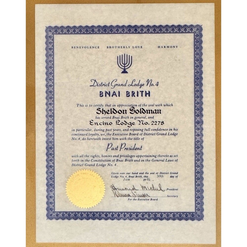 B'nai Brith Past President Certificate 1964 Perma-Plaque Judaica Hollywood Prop